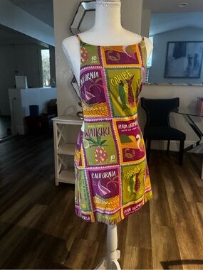 Tropical Patchwork Mini Dress in Pink & Green